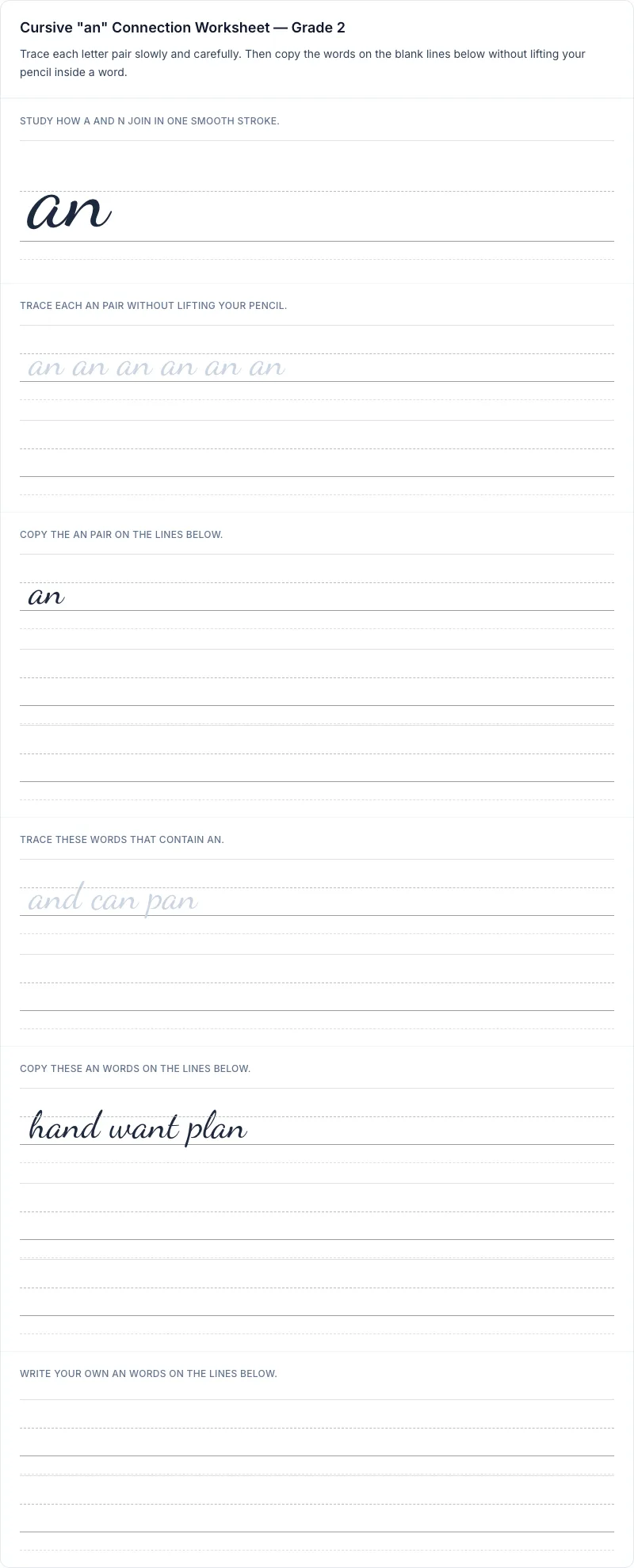 Cursive an connection worksheet for grade 2 with 8 guided practice lines
