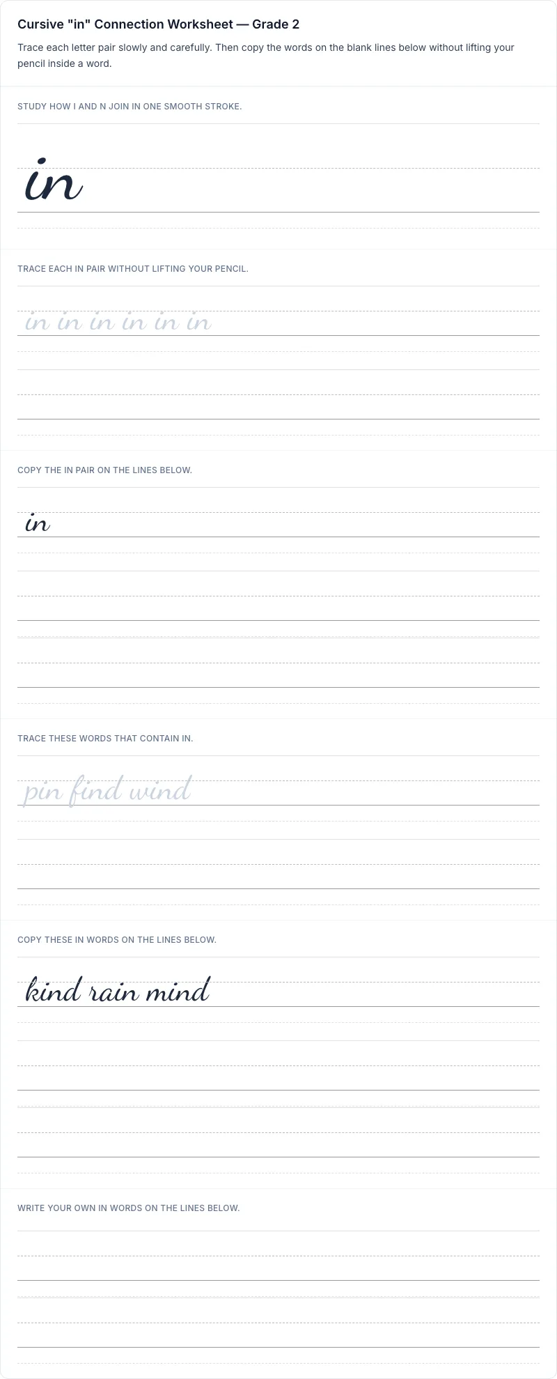 Cursive in connection worksheet for grade 2 with 8 guided practice lines