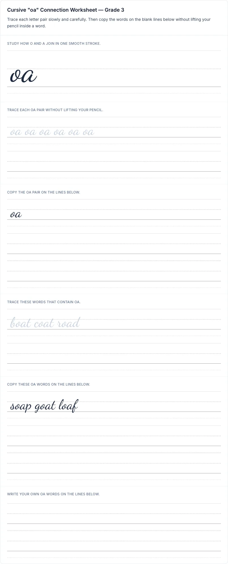 Cursive oa connection worksheet for grade 3 with 8 guided practice lines