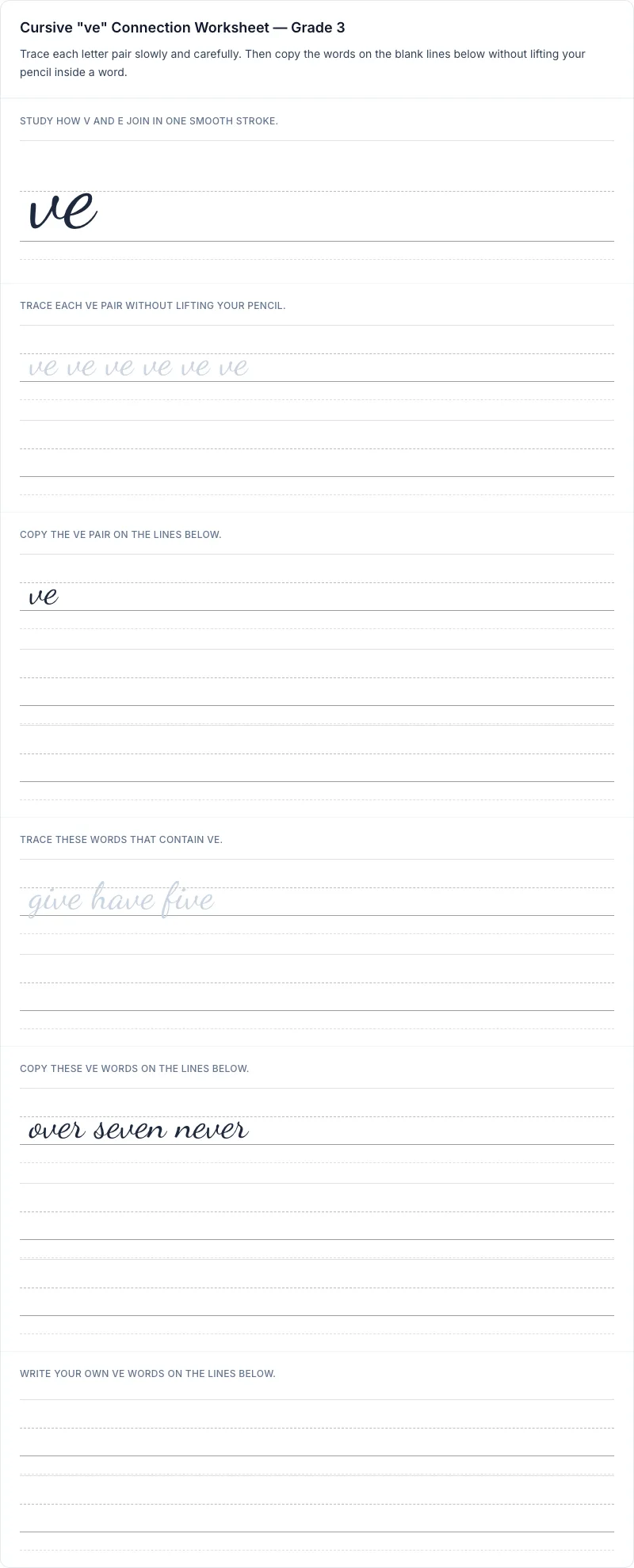 Cursive ve connection worksheet for grade 3 with 8 guided practice lines