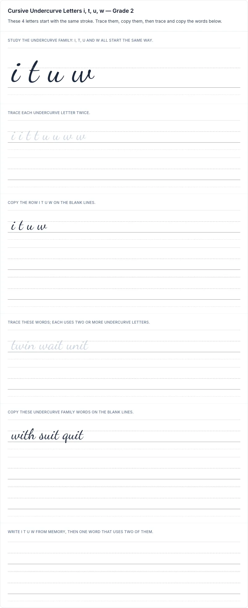 Lowercase Letters cursive worksheet: Cursive Undercurve Letters i, t, u, w for grade 2 with 8 guided practice lines