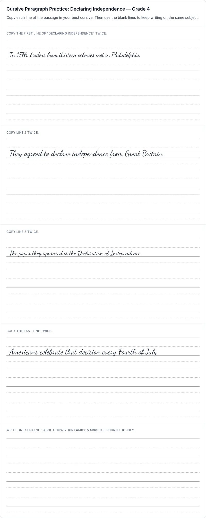 Paragraph Practice cursive worksheet: Cursive Paragraph Practice: Declaring Independence for grade 4 with 11 guided practice lines