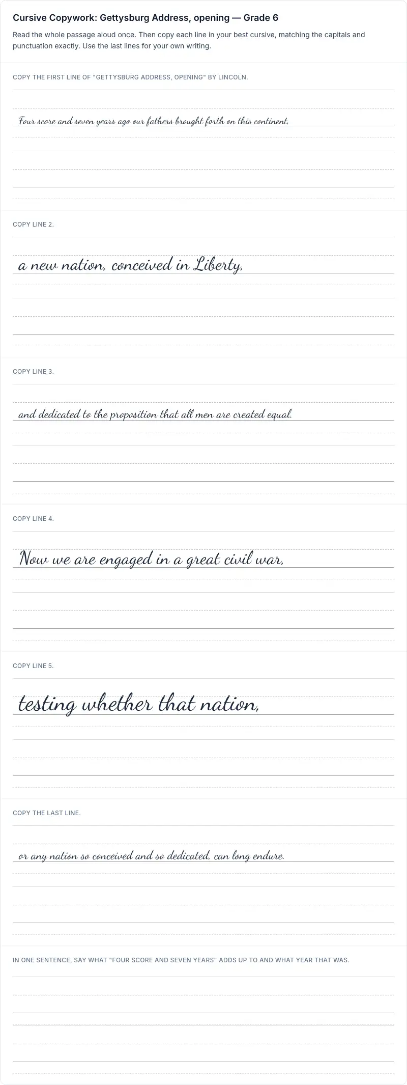 Paragraph Practice cursive worksheet: Cursive Copywork: Gettysburg Address, opening for grade 6 with 8 guided practice lines