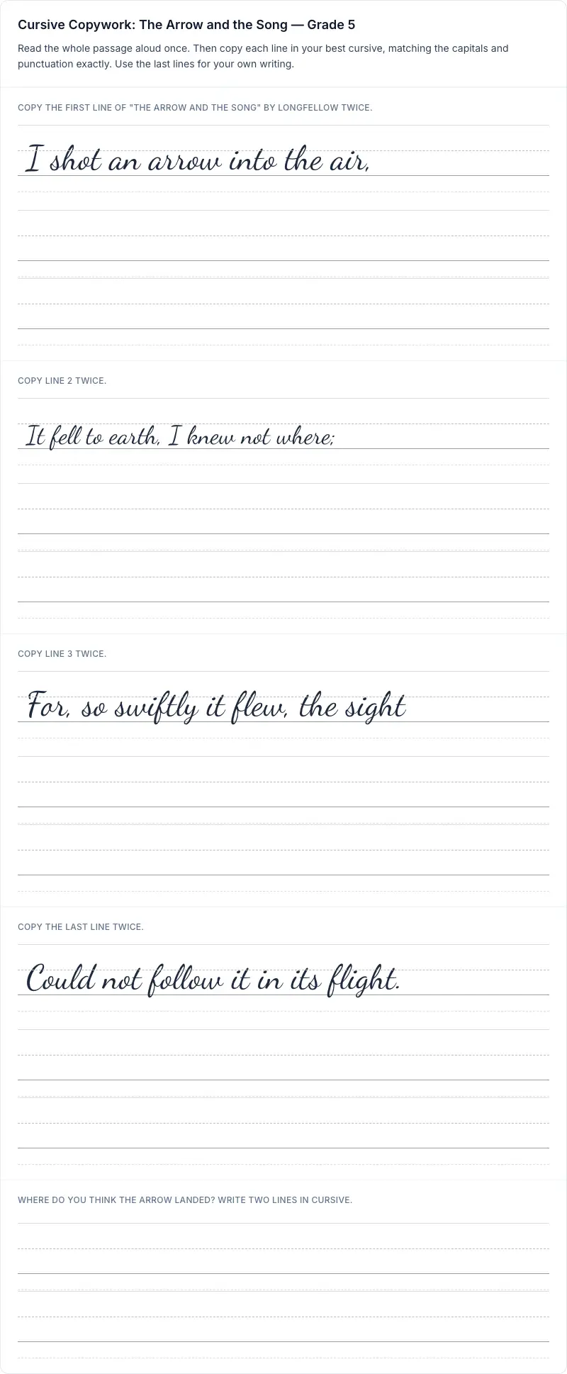 Paragraph Practice cursive worksheet: Cursive Copywork: The Arrow and the Song for grade 5 with 10 guided practice lines