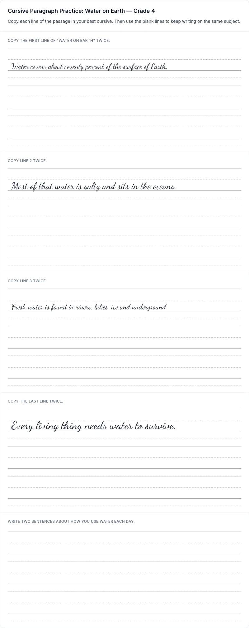 Paragraph Practice cursive worksheet: Cursive Paragraph Practice: Water on Earth for grade 4 with 11 guided practice lines