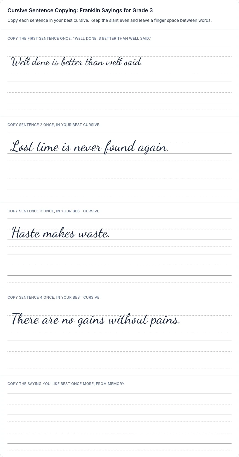 Sentence Practice cursive worksheet: Cursive Sentence Copying: Franklin Sayings for Grade 3 for grade 3 with 6 guided practice lines