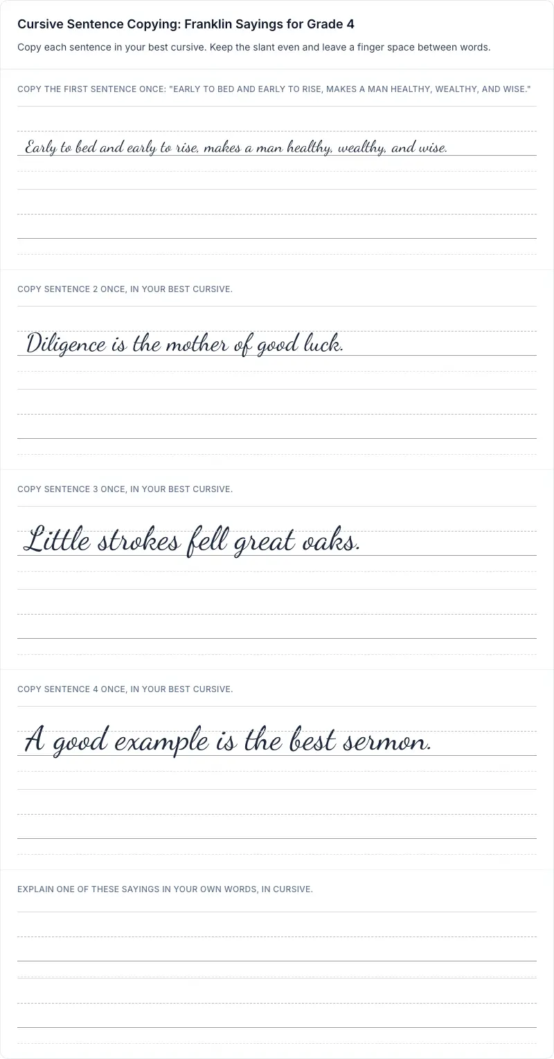 Sentence Practice cursive worksheet: Cursive Sentence Copying: Franklin Sayings for Grade 4 for grade 4 with 6 guided practice lines