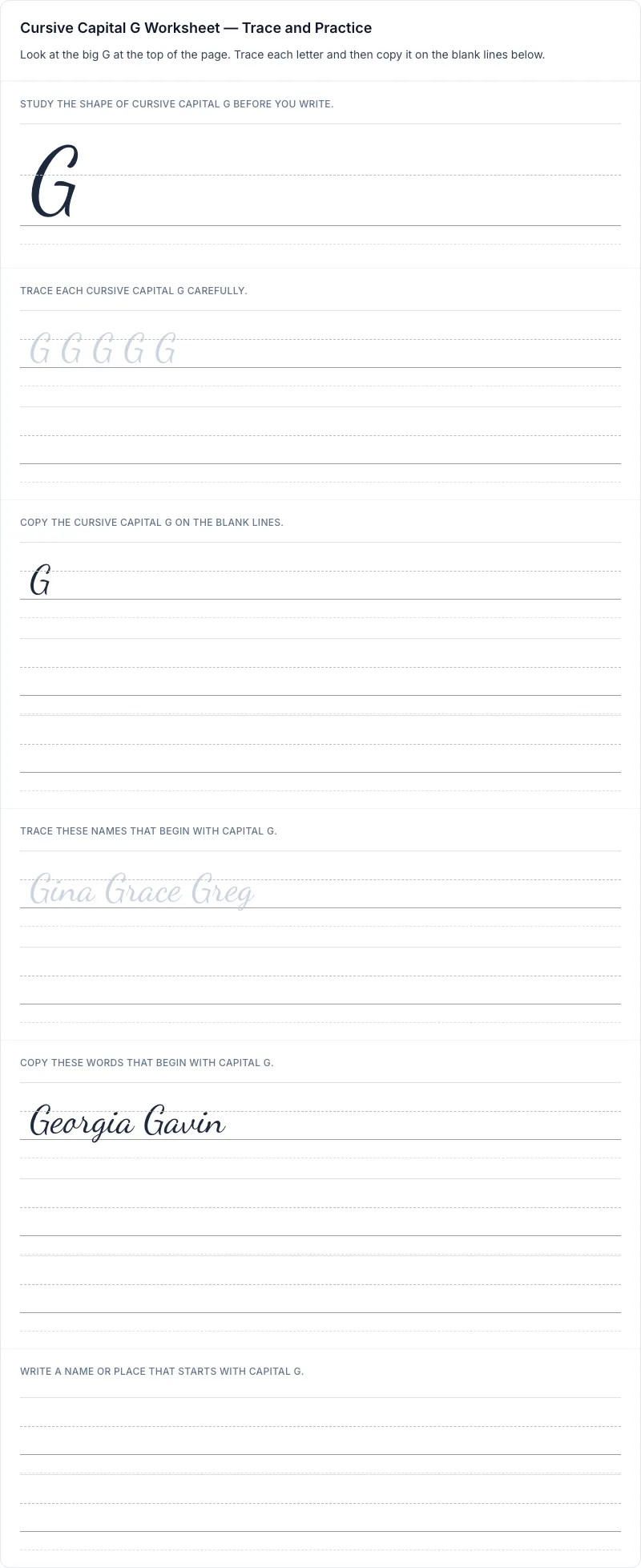 Cursive uppercase G tracing worksheet for grade 1 with 8 guided practice lines