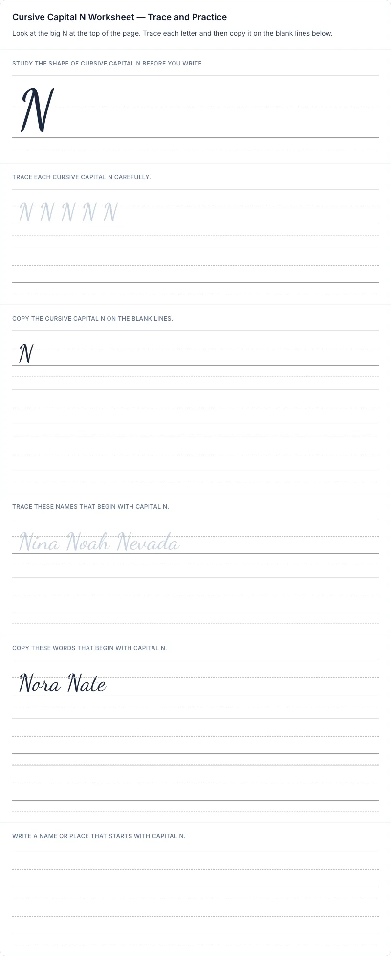 Cursive uppercase N tracing worksheet for grade 1 with 8 guided practice lines