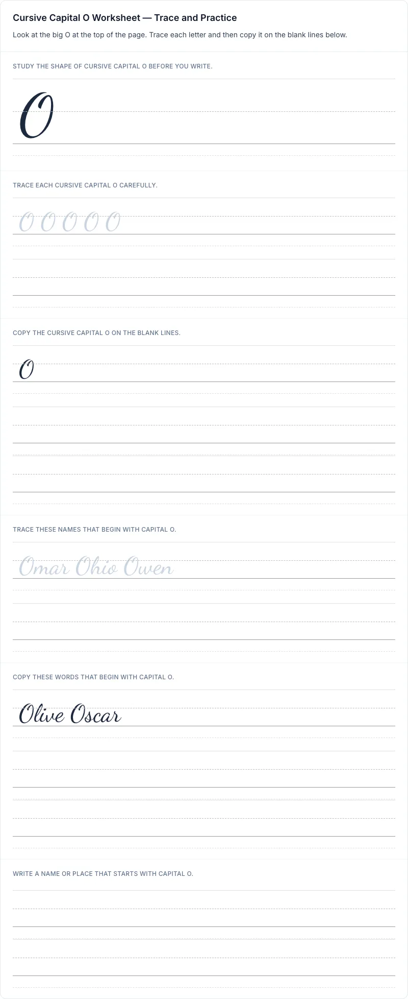 Cursive uppercase O tracing worksheet for grade 1 with 8 guided practice lines