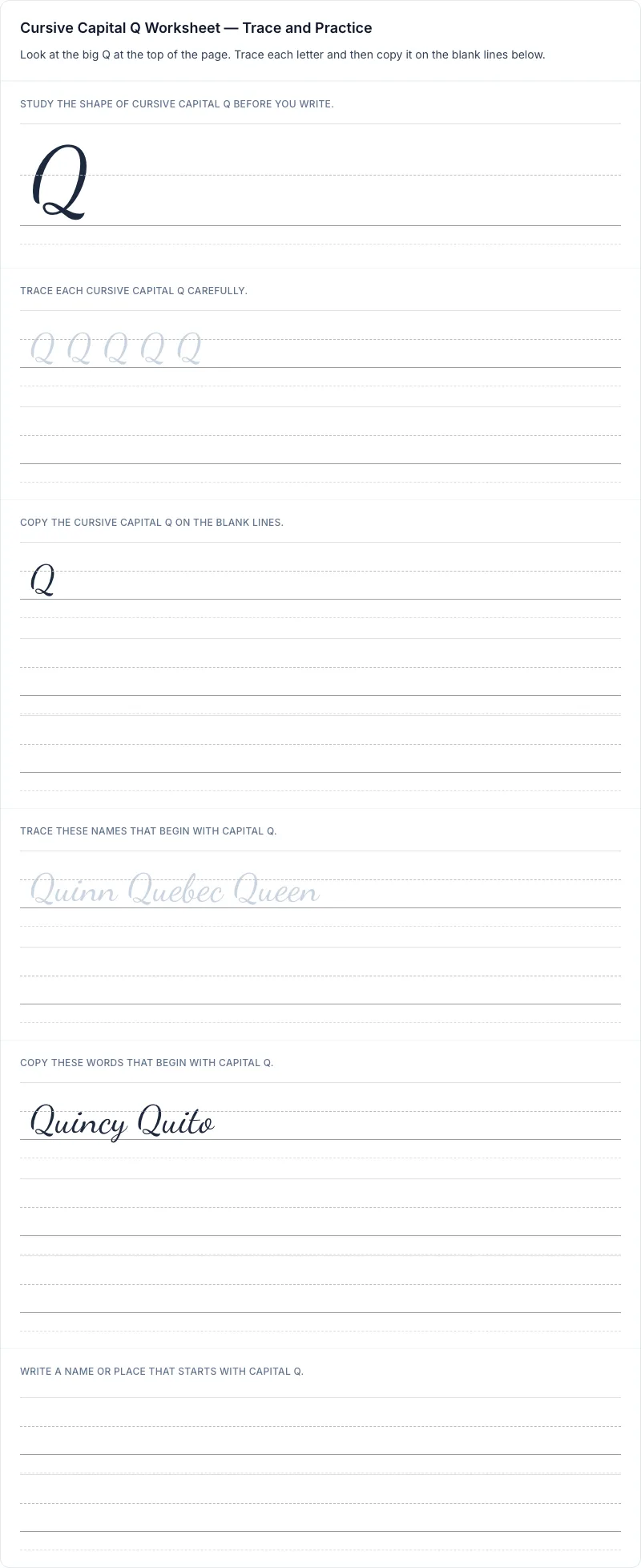 Cursive uppercase Q tracing worksheet for grade 1 with 8 guided practice lines