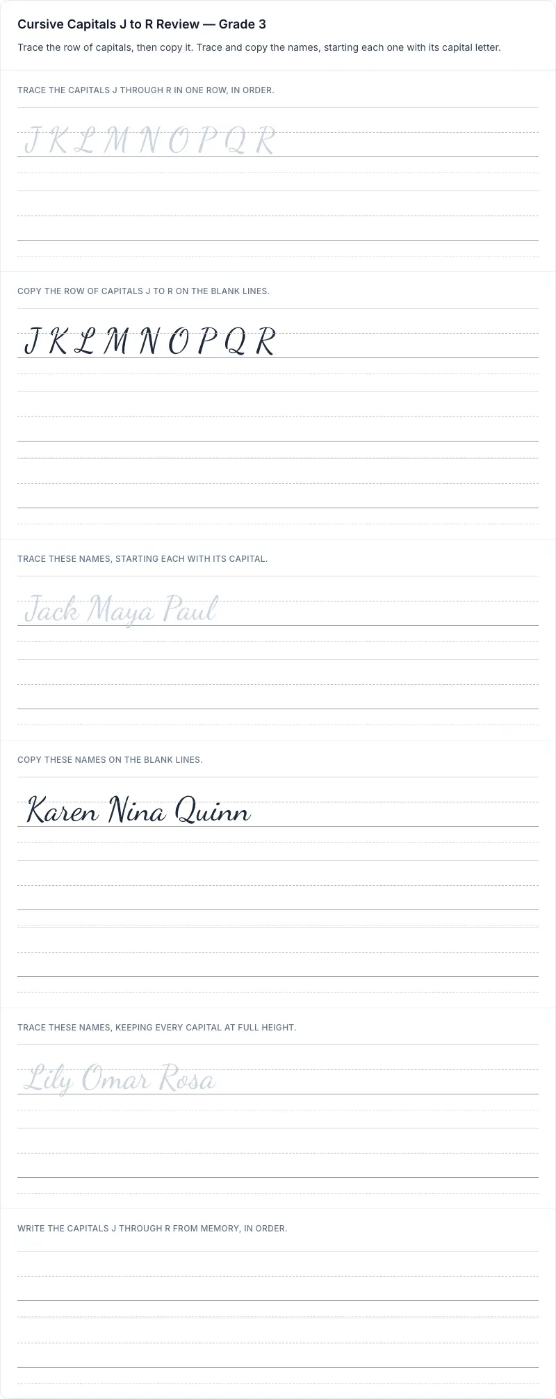 Uppercase Letters cursive worksheet: Cursive Capitals J to R Review for grade 3 with 9 guided practice lines