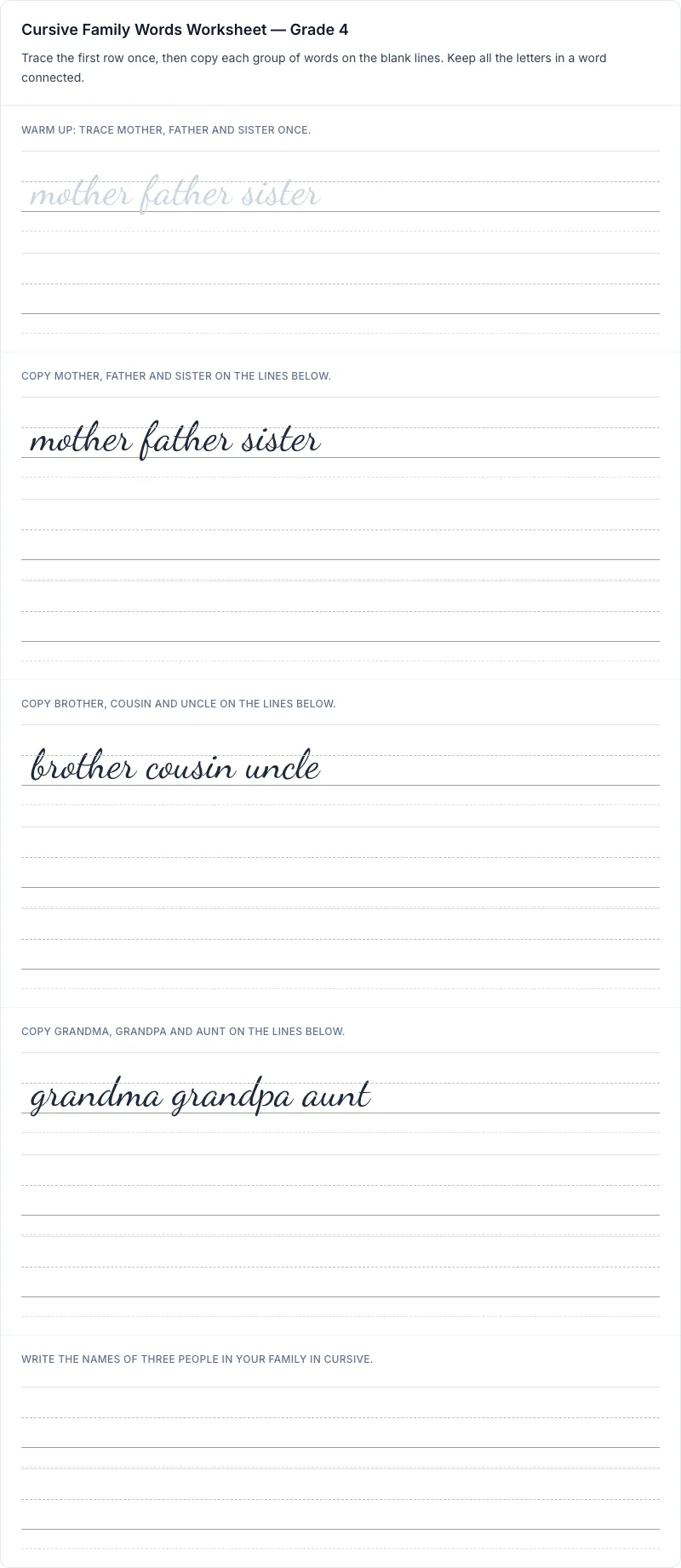 Word Practice cursive worksheet: Cursive Family Words Worksheet for grade 4 with 9 guided practice lines