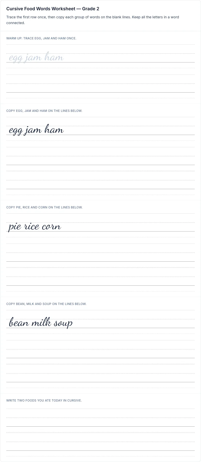 Word Practice cursive worksheet: Cursive Food Words Worksheet for grade 2 with 9 guided practice lines